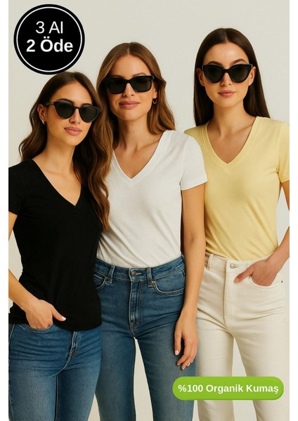 Kadın 3'lü Paket Siyah-Sarı-Beyaz %100 Organik Pamuk Normal Kesim Tişört V Yaka T-Shirt modelleri