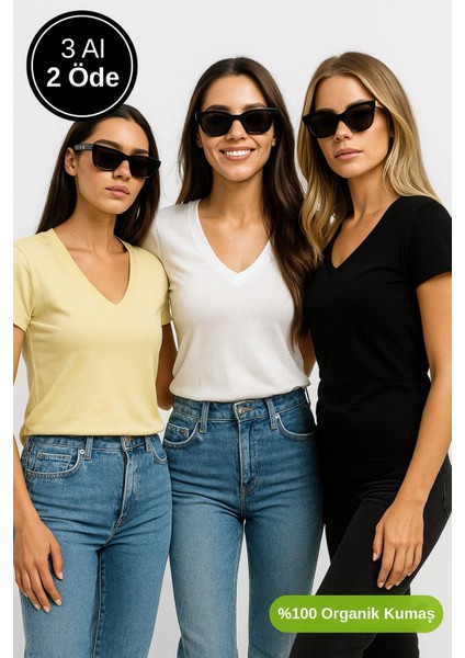 Kadın 3'lü Paket Siyah-Sarı-Beyaz %100 Organik Pamuk Normal Kesim Tişört V Yaka T-Shirt fırsatları