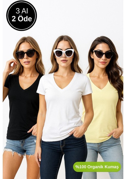 Kadın 3'lü Paket Siyah-Sarı-Beyaz %100 Organik Pamuk Normal Kesim Tişört V Yaka T-Shirt indirimleri