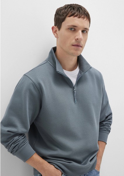 0S10278-80889 Yarı Fermuarlı Mavi Basic Sweatshirt modelleri