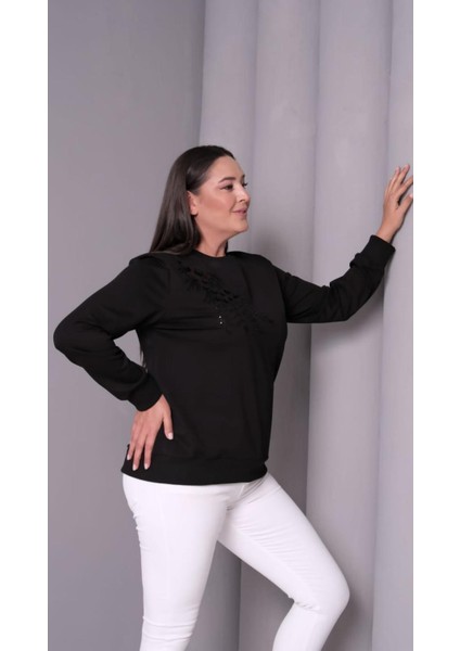 Kadın Büyük Beden Önü Boncuk Pul Payet Işlemeli Viskon Sweatshirt fırsatları