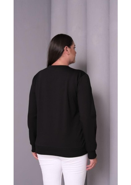 Kadın Büyük Beden Önü Boncuk Pul Payet Işlemeli Viskon Sweatshirt