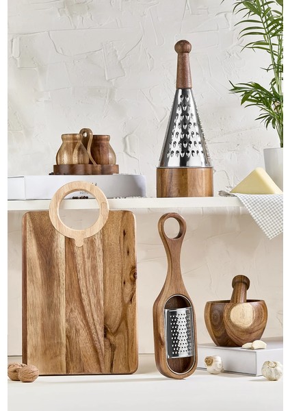 5 Parça Akasya Ahşap Set - Dik Rende, Havan, Sarımsak Rendesi, Kesme Tahtası ve Tuzluk Biberlik