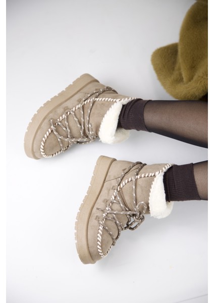 219851141-32S Kadın Yumuşak Rahat Kürklü Bot - Tekstil Süet Kışlık Vizon Bot