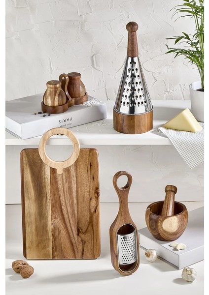 5 Parça Akasya Ahşap Set - Dik Rende, Havan, Sarımsak Rendesi, Kesme Tahtası ve Tuzluk Biberlik fiyatları