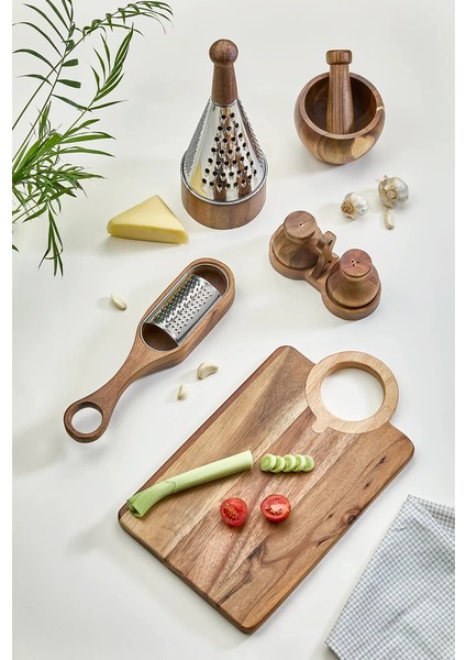 5 Parça Akasya Ahşap Set - Dik Rende, Havan, Sarımsak Rendesi, Kesme Tahtası ve Tuzluk Biberlik modelleri
