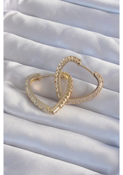 Pirinç Gold Renk Zirkon Taşlı Motifli Kalp Küpe fiyatları