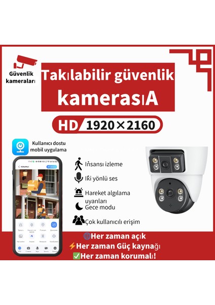 Iç ve Dış Mekan Wifi Güvenlik Kamerası|2k Qhd|tam Renkli Gece Görüşü|| 360° Görünüm | Aı Insan Algılama