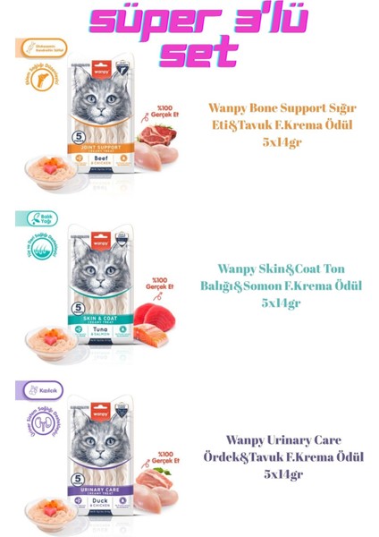 Süper Set 3'Lü 15 Tüp Sığır Eti-Ton Balığı-Ördek. Kedi Ödül