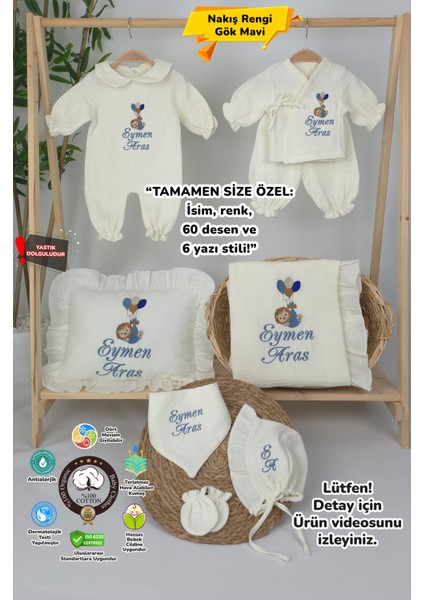 Müslin Yeni Doğan 4katlı Organik %100PAMUK Kişiye Özgü Nakışlı Hastane Çıkış Seti (Balonlu Aslan-3)