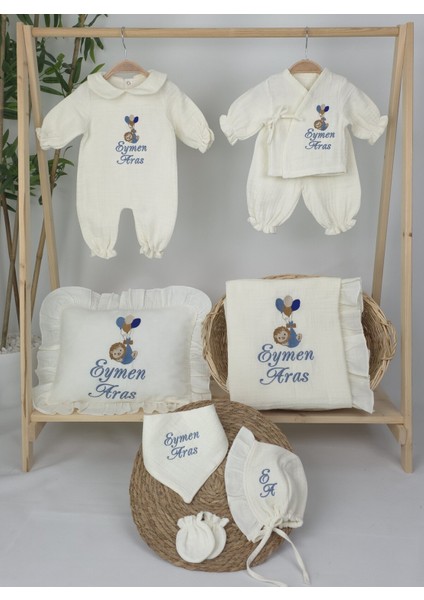 Müslin Yeni Doğan 4katlı Organik %100PAMUK Kişiye Özgü Nakışlı Hastane Çıkış Seti (Balonlu Aslan-3) fiyatları