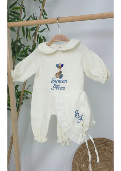 Müslin Yeni Doğan 4katlı Organik %100PAMUK Kişiye Özgü Nakışlı Hastane Çıkış Seti (Balonlu Aslan-3) fırsatları