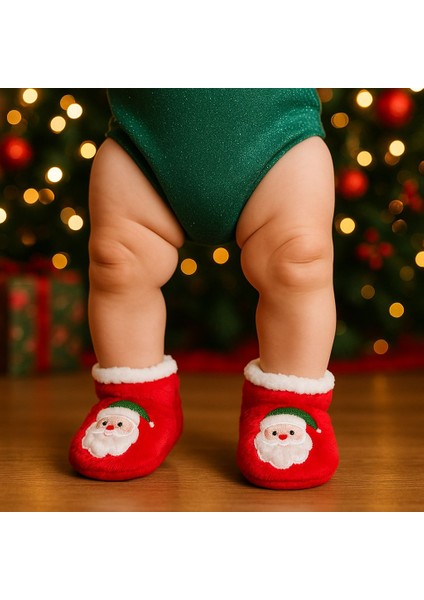 Bebek & Çocuk Kaydırmaz Tabanlı Ev Botu / Panduf / Kışlık Peluş Bot / Noel Baba Desenli