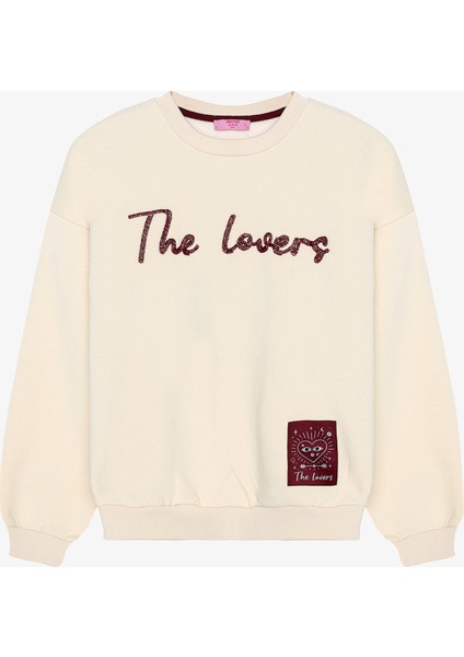 Boncuk Nakışlı Oversize Sweatshirt Bej