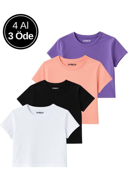 Kadın 4'lü Paket Oversize Crop Tişört %100 Pamuk Bisiklet Yaka T-Shirt