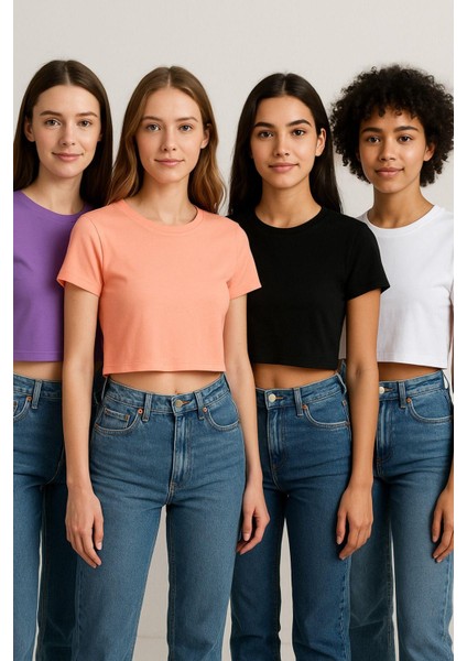 Kadın 4'lü Paket Oversize Crop Tişört %100 Pamuk Bisiklet Yaka T-Shirt fiyatları