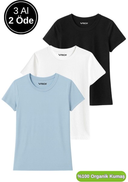 Kadın 3'lü Paket Siyah-Beyaz-Mavi %100 Organik Pamuk Normal Kesim Tişört Bisiklet Yaka T-Shirt