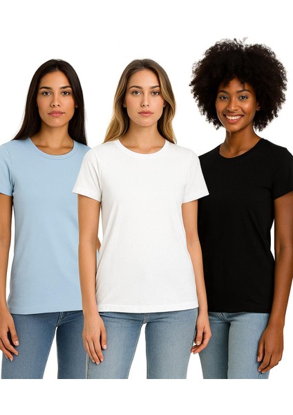 Kadın 3'lü Paket Siyah-Beyaz-Mavi %100 Organik Pamuk Normal Kesim Tişört Bisiklet Yaka T-Shirt fırsatları