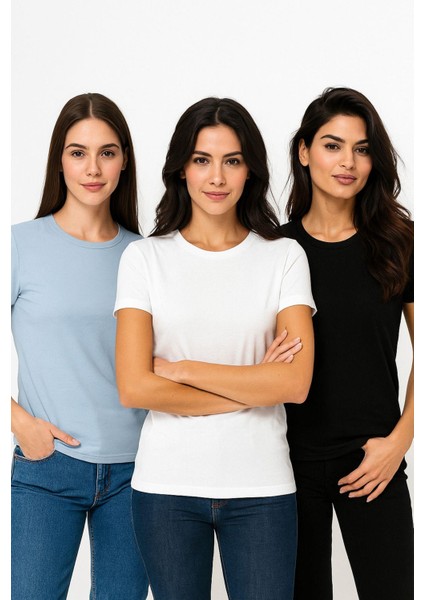 Kadın 3'lü Paket Siyah-Beyaz-Mavi %100 Organik Pamuk Normal Kesim Tişört Bisiklet Yaka T-Shirt indirimleri