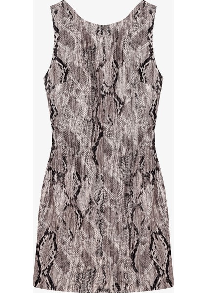 Yılan Desenli Kolsuz Mini Elbise Kahverengi