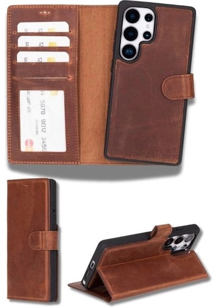 Samsung Galaxy S25 Ultra Uyumlu, Hakiki Deri, El Yapımı, Cüzdanlı Kılıf, Antik Kahve indirimleri