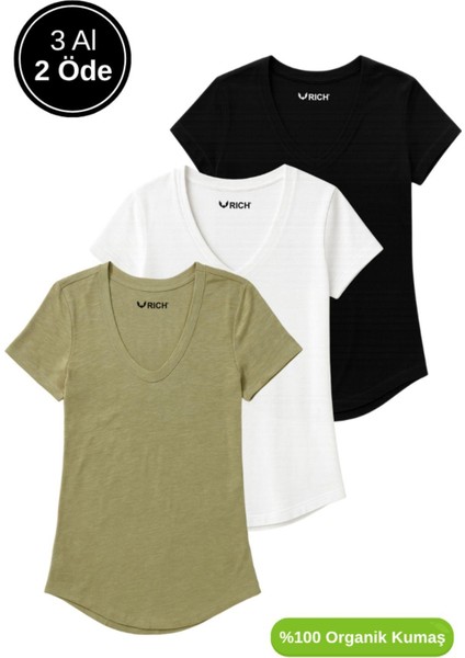 Kadın 3'lü Paket Siyah-Beyaz-Haki %100 Organik Pamuk Normal Kesim Tişört V Yaka T-Shirt