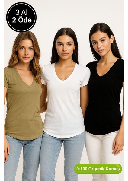 Kadın 3'lü Paket Siyah-Beyaz-Haki %100 Organik Pamuk Normal Kesim Tişört V Yaka T-Shirt fiyatları