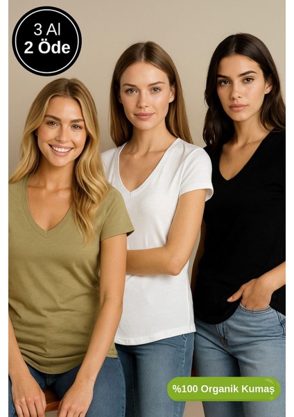 Kadın 3'lü Paket Siyah-Beyaz-Haki %100 Organik Pamuk Normal Kesim Tişört V Yaka T-Shirt modelleri