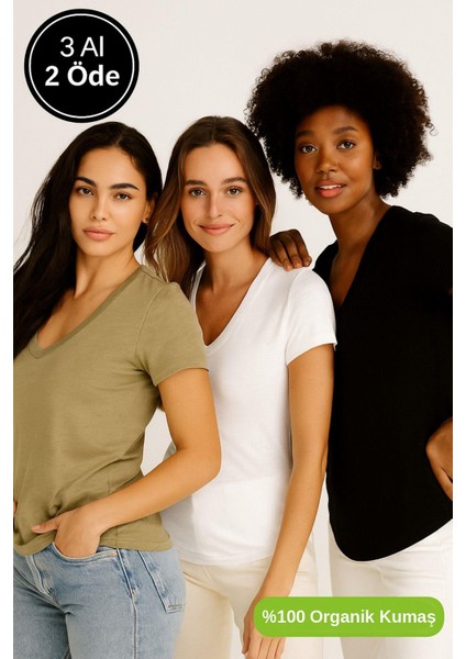 Kadın 3'lü Paket Siyah-Beyaz-Haki %100 Organik Pamuk Normal Kesim Tişört V Yaka T-Shirt fırsatları