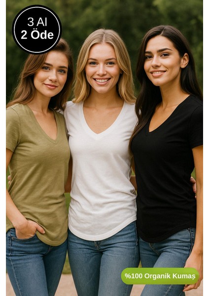 Kadın 3'lü Paket Siyah-Beyaz-Haki %100 Organik Pamuk Normal Kesim Tişört V Yaka T-Shirt indirimleri
