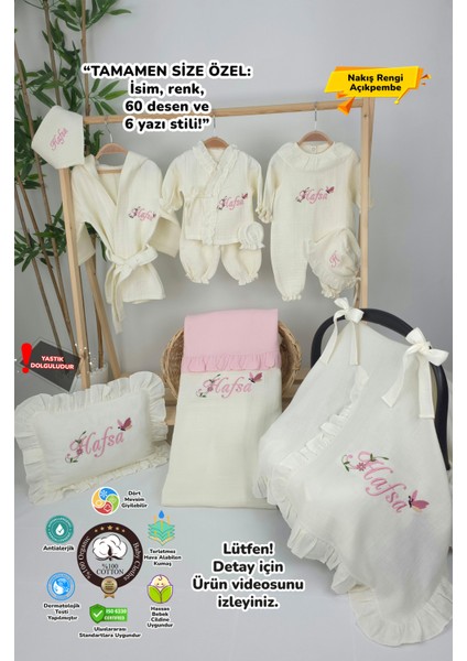 Müslin Yeni Doğan 4katlı Organik %100PAMUK Kişiye Özgü Nakışlı Hastane Çıkış Seti(Kelebekli Papatya)