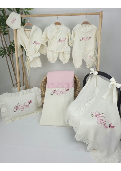 Müslin Yeni Doğan 4katlı Organik %100PAMUK Kişiye Özgü Nakışlı Hastane Çıkış Seti(Kelebekli Papatya) fiyatları