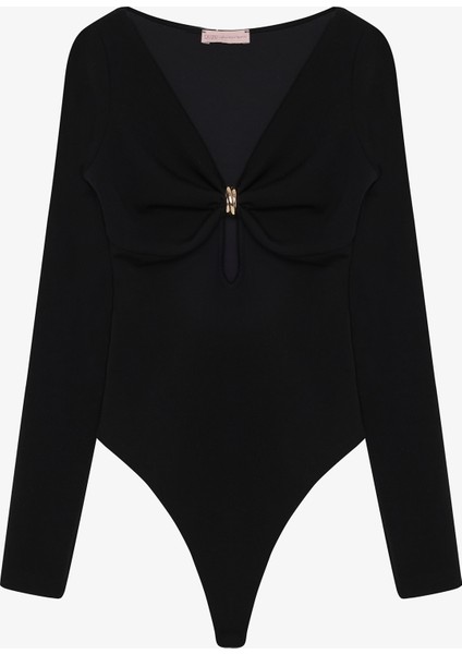 Halka Aksesuarlı Uzun Kollu Bodysuit Siyah