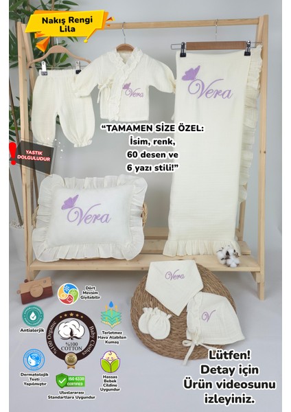 - Müslin Yeni Doğan 4katlı Organik %100PAMUK Kişiye Özgü Nakışlı Hastane Çıkış Seti(Tekli Kelebek-1)