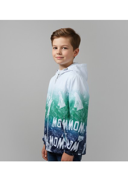Erkek Çocuk Degrade Baskılı Su Geçirmez Kapüşonlu Yağmurluk