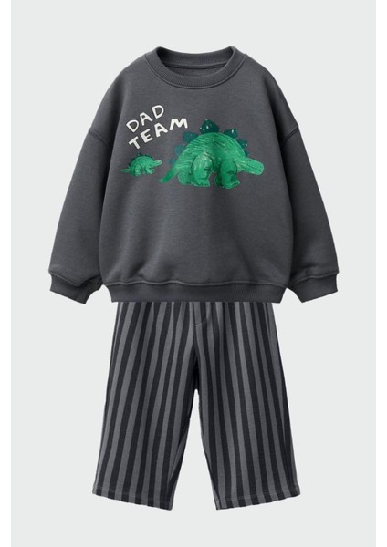 Erkek Çocuk Dinozor Baskılı 3 Iplik Pamuklu Kumaş Alt Üst Takım