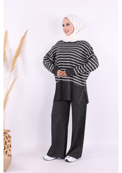 9408 Simli Çizgili Triko Takım Siyah modelleri