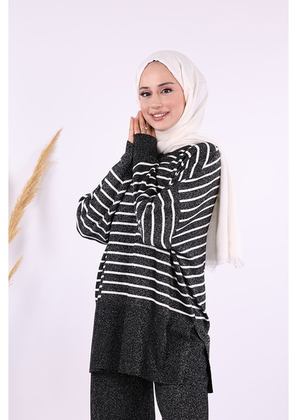 9408 Simli Çizgili Triko Takım Siyah indirimleri