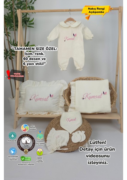 Müslin Yeni Doğan 4katlı Organik %100PAMUK Kişiye Özgü Nakışlı Hastane Çıkış Seti (Kelebek Model-2)