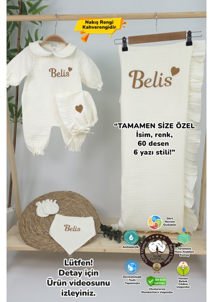 Müslin Yeni Doğan 4katlı Organik %100PAMUK Kişiye Özgü Nakışlı Hastane Çıkış Seti-Kahverengi Kalpli