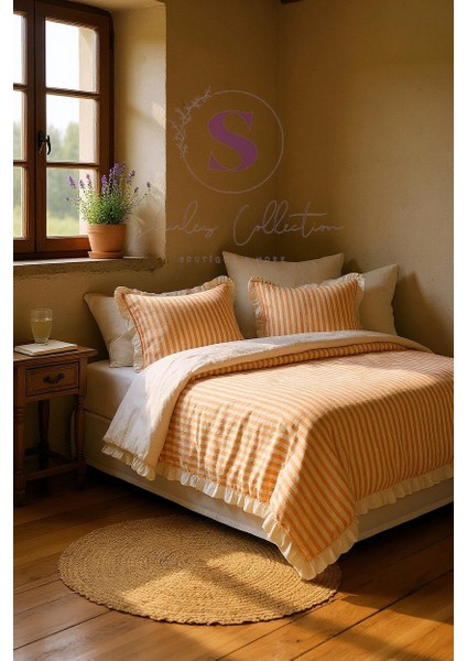 Turuncu-Bej % 100 Pamuk Fırfır Iplik Boyalı Çift Kişilik Nevresim Takımı,modern Çizgili Nevresım Seti