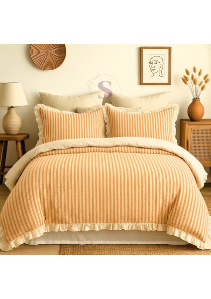 Turuncu-Bej % 100 Pamuk Fırfır Iplik Boyalı Çift Kişilik Nevresim Takımı,modern Çizgili Nevresım Seti modelleri