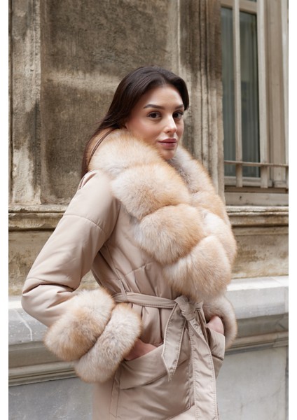 Ivora Hakiki Kürk Mont Kaban Krem Bej