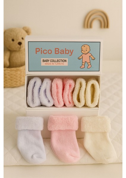 Organik Pamuk Unisex 3'lü Kutulu Premium Yeni Doğan Havlu Kız Bebek Çorabı