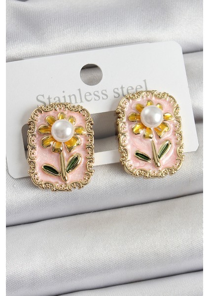 Pirinç Pembe Mineli Papatya Figürlü Sanatsal Portre Model Gold Renk Kadın Küpe - TJ-BKP10687