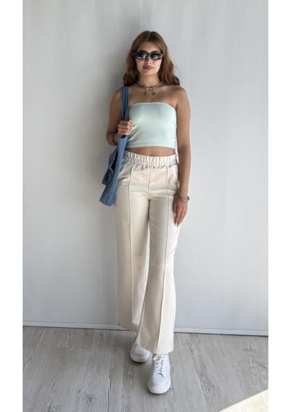 Kadın Lastikli Yüksek Bel Yırtmaçlı Bol Paça Pantolon
