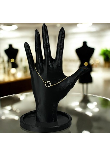 925 Ayar Gümüş Altın Kaplama Siyah Taşlı Şanslı Yonca Van Cleef Bileklik