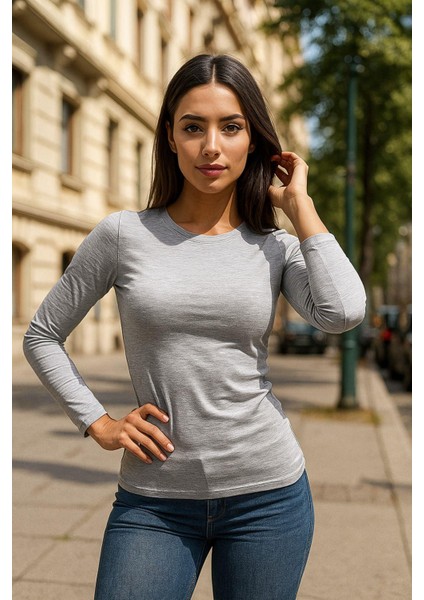 Kadın Gri Bisiklet Yaka Slim Fit Basic Tişört - Uzun Kollu Pamuklu T-Shirt Bluz modelleri