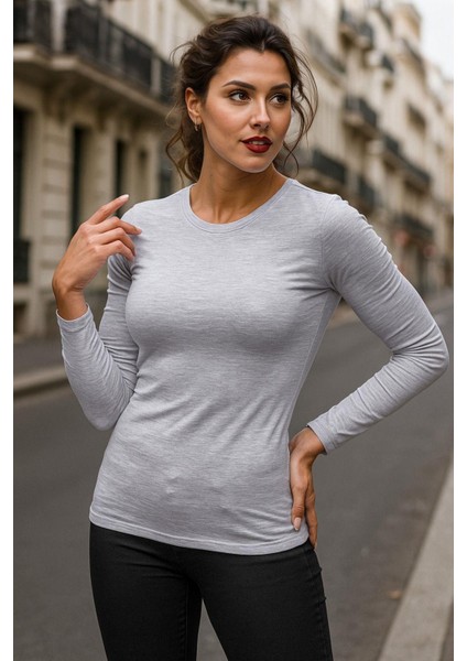 Kadın Gri Bisiklet Yaka Slim Fit Basic Tişört - Uzun Kollu Pamuklu T-Shirt Bluz fırsatları