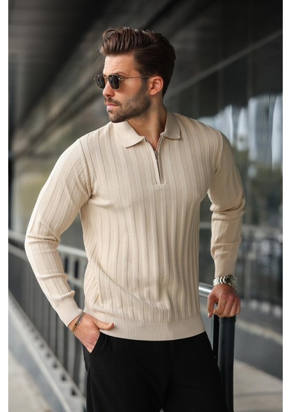 Taş Rengi Yarım Fermuarlı Polo Yaka Triko Kazak E7426